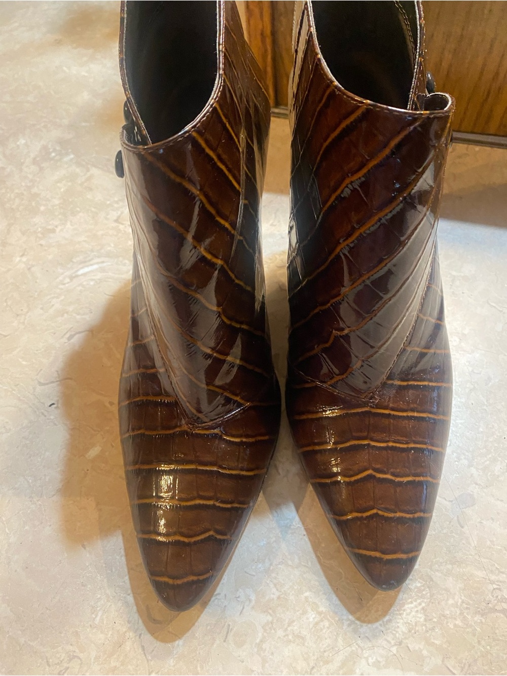 Via Spiga Brown Croc-Embossed Pointed Toe Ankle Boots